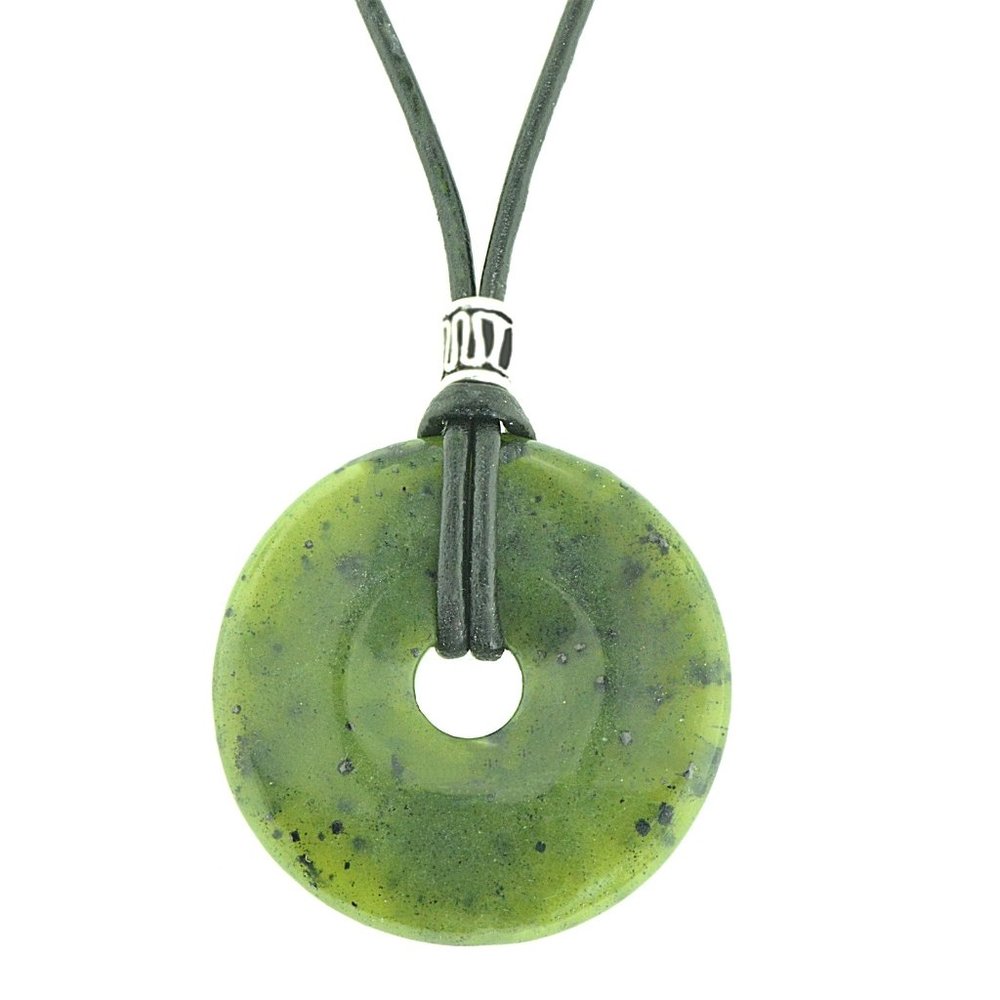 Jade 40mm Donut Pi Stone Necklace Leather Cord Good Luck Health Wealth Feng Shui